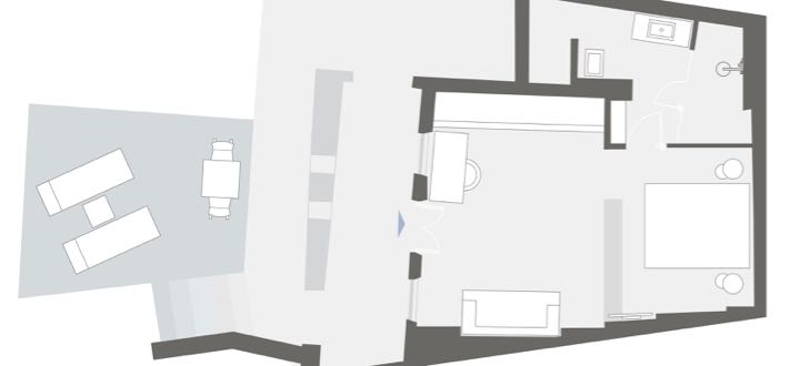 Disposición y dimensiones de la habitación en Grace Santorini.