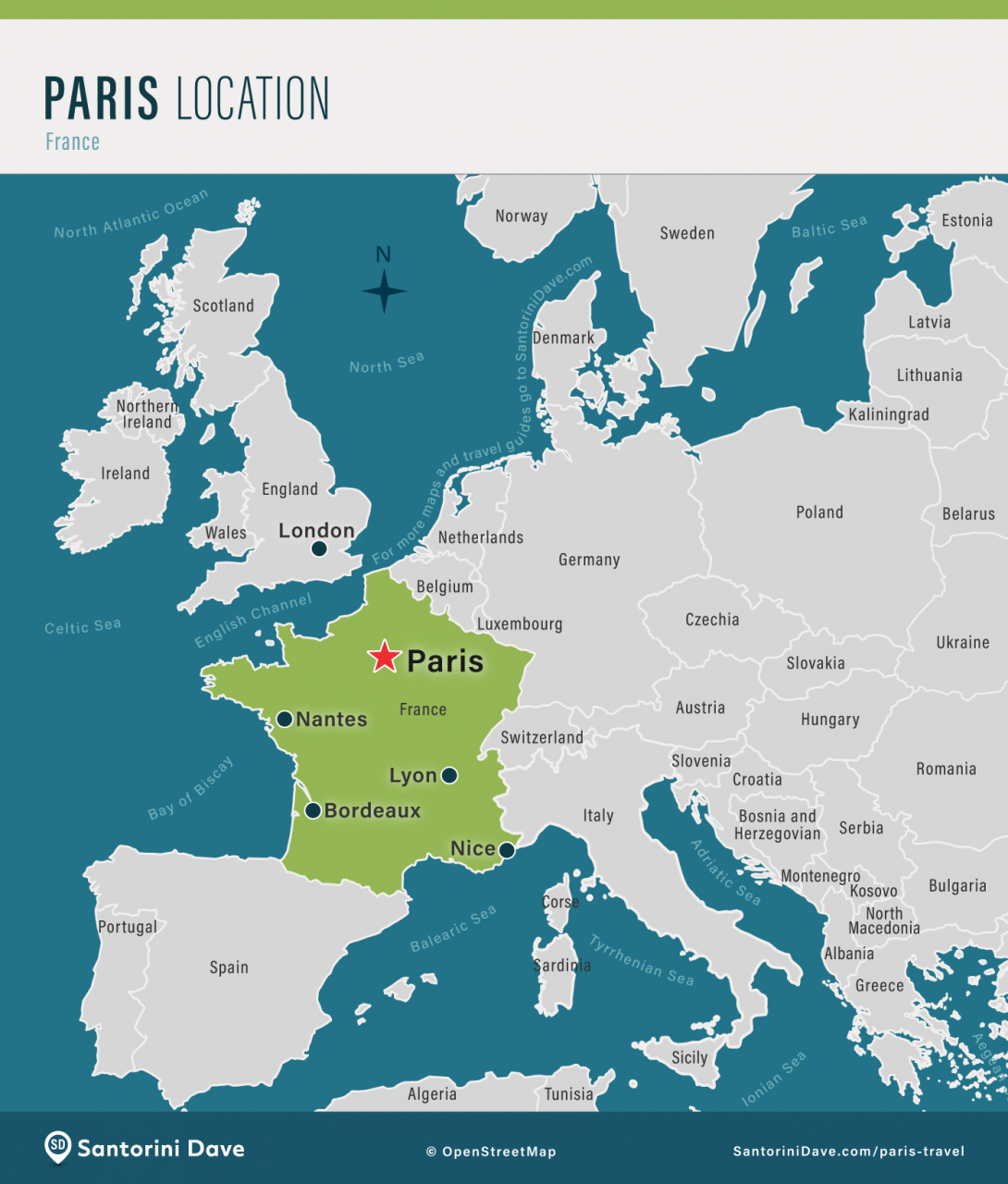 Mapa que muestra la ubicación de París dentro de Francia y la región circundante