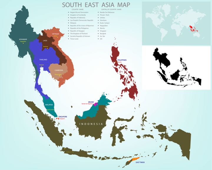 Mapa de los mejores lugares para ir con niños en el sudeste asiático.
