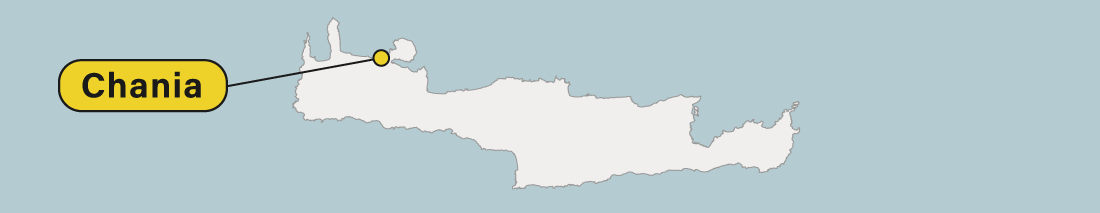 Ubicación de Chania en un mapa de Creta en Grecia.