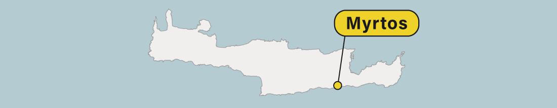Ubicación de Myrtos en un mapa de Creta en Grecia.
