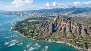Vista de Diamond Head y Honolulu desde un recorrido en helicóptero por Oahu, Hawái