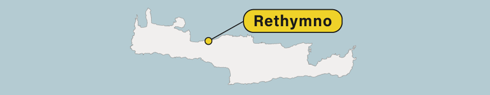 Ubicación de Rethymno en un mapa de Creta en Grecia.